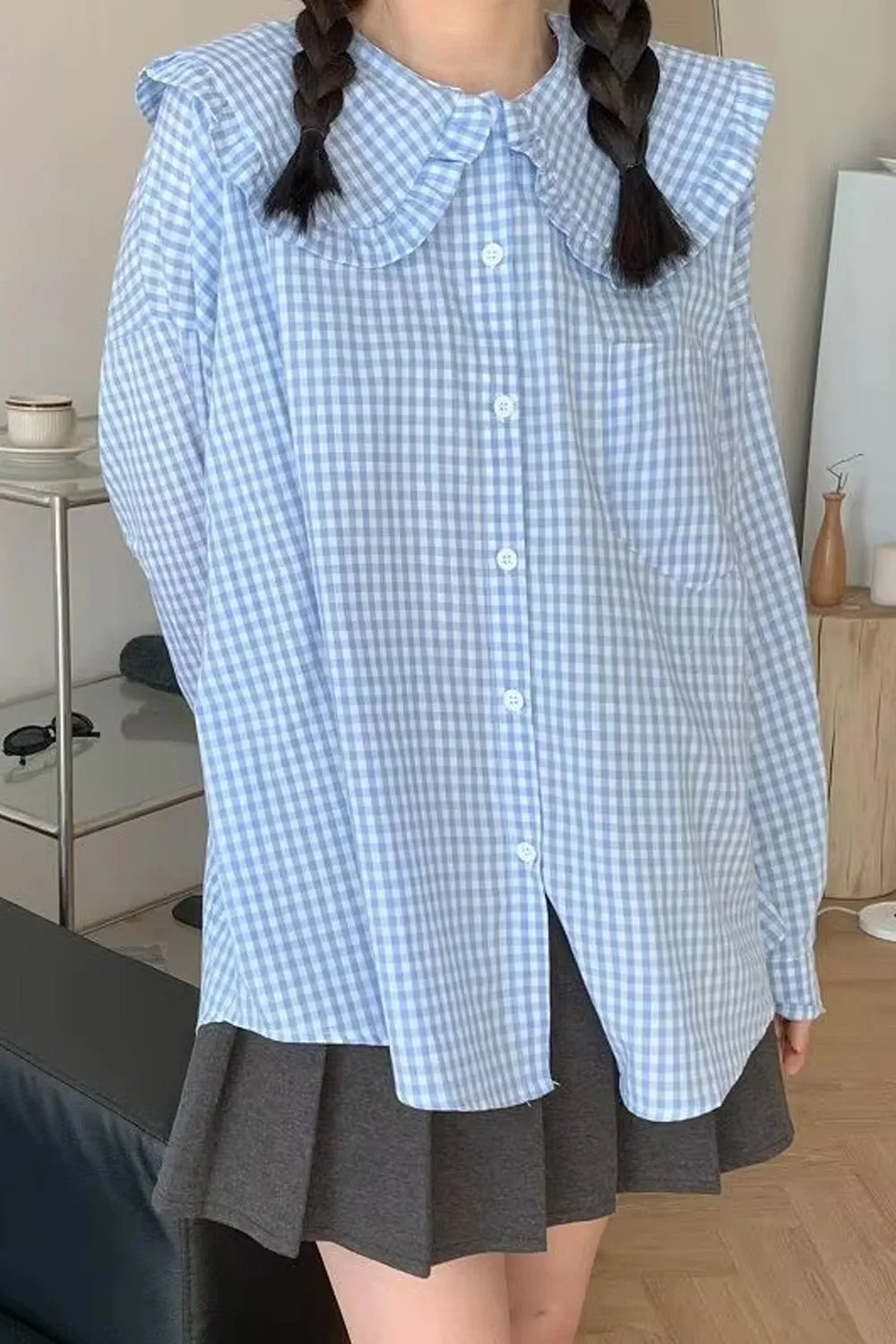 Long Sleeve Plaid Pattern Peter Pan Collar Blouse Shirt