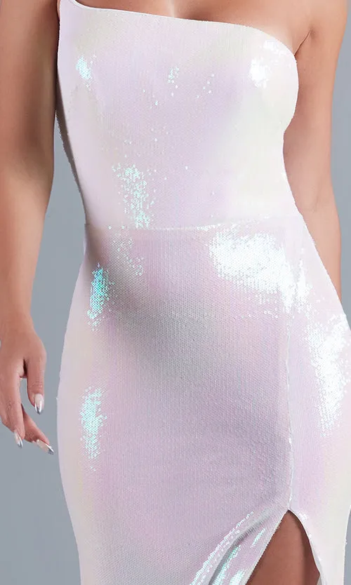Long White Sequin One-Shoulder Formal Dress