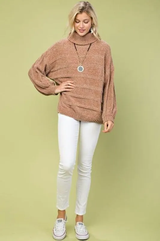 Main Strip Chenille Turtleneck Sweater Top - Camel