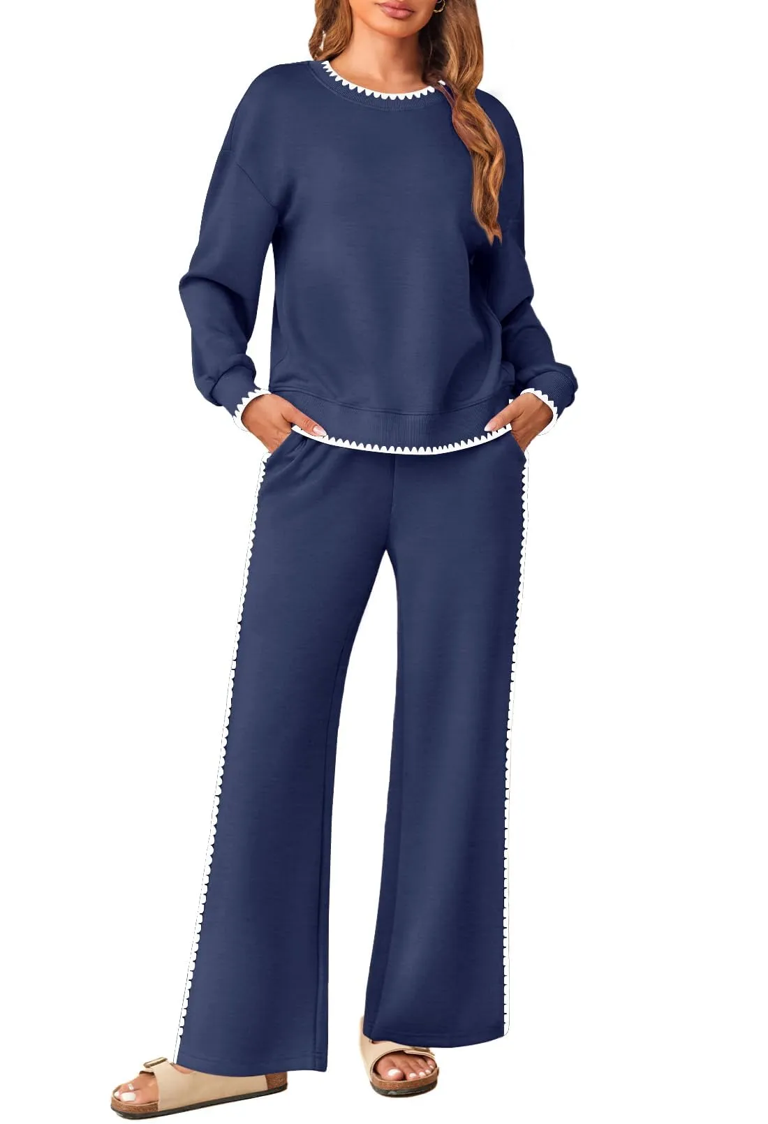 MEROKEETY Women's 2 Piece Sweatsuit Set Crewneck Sweatshirt Wid Leg Sweatpants