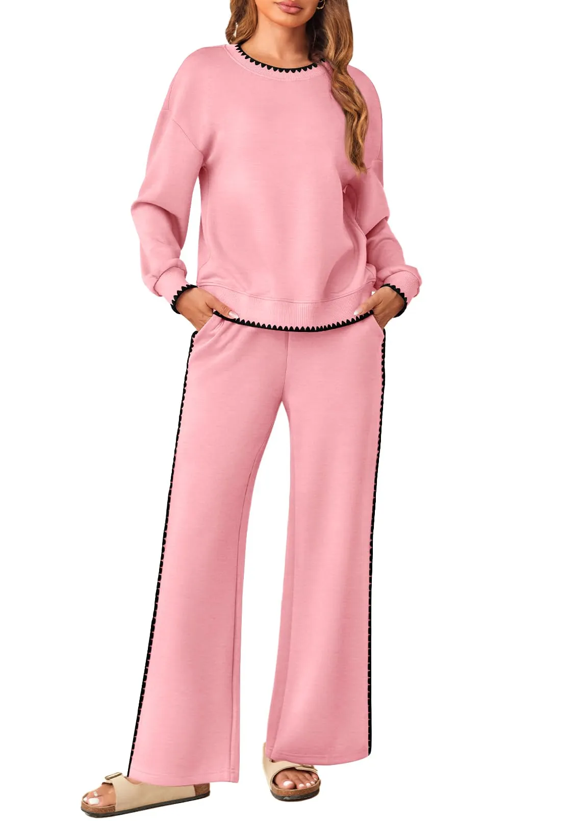 MEROKEETY Women's 2 Piece Sweatsuit Set Crewneck Sweatshirt Wid Leg Sweatpants