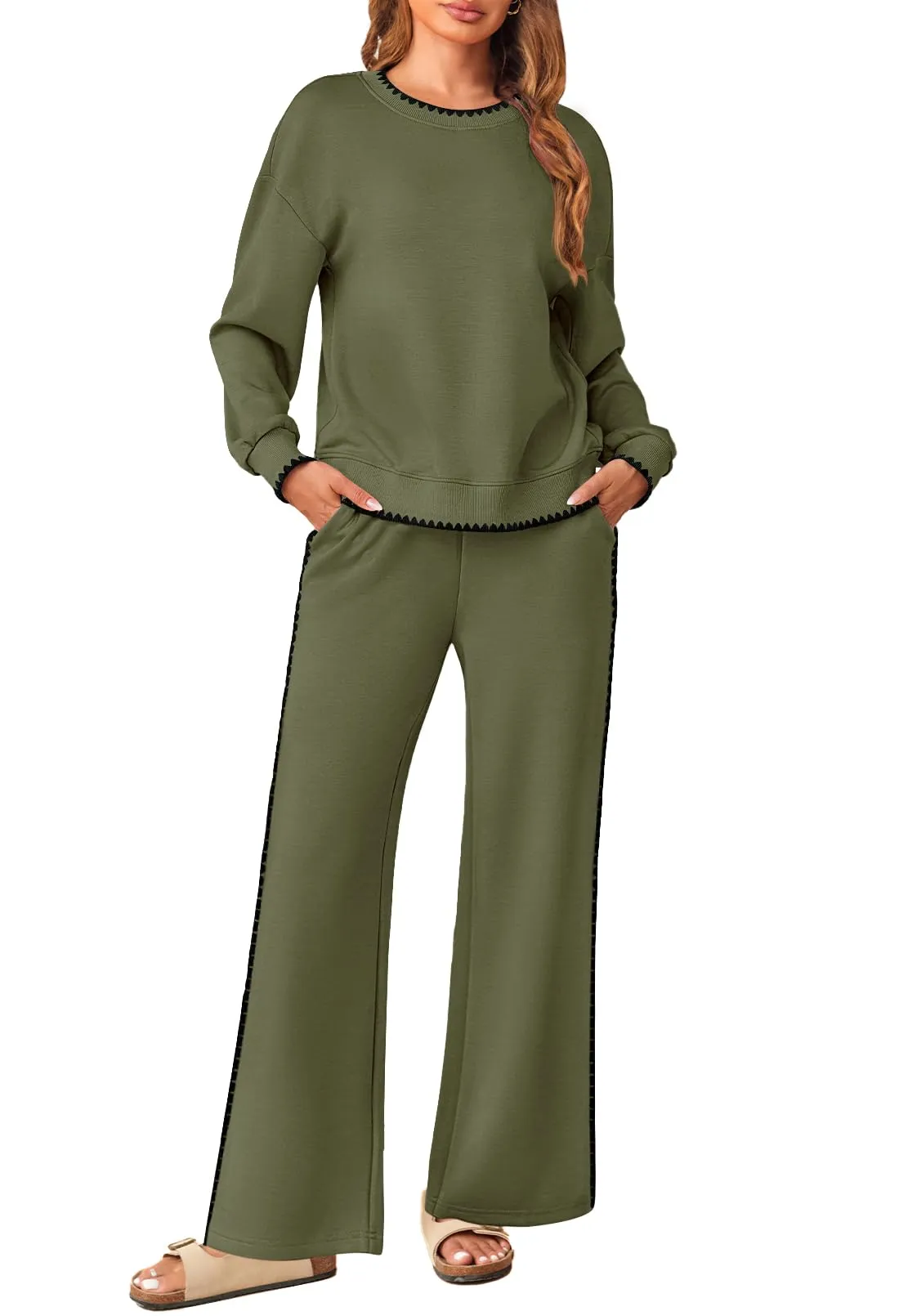 MEROKEETY Women's 2 Piece Sweatsuit Set Crewneck Sweatshirt Wid Leg Sweatpants
