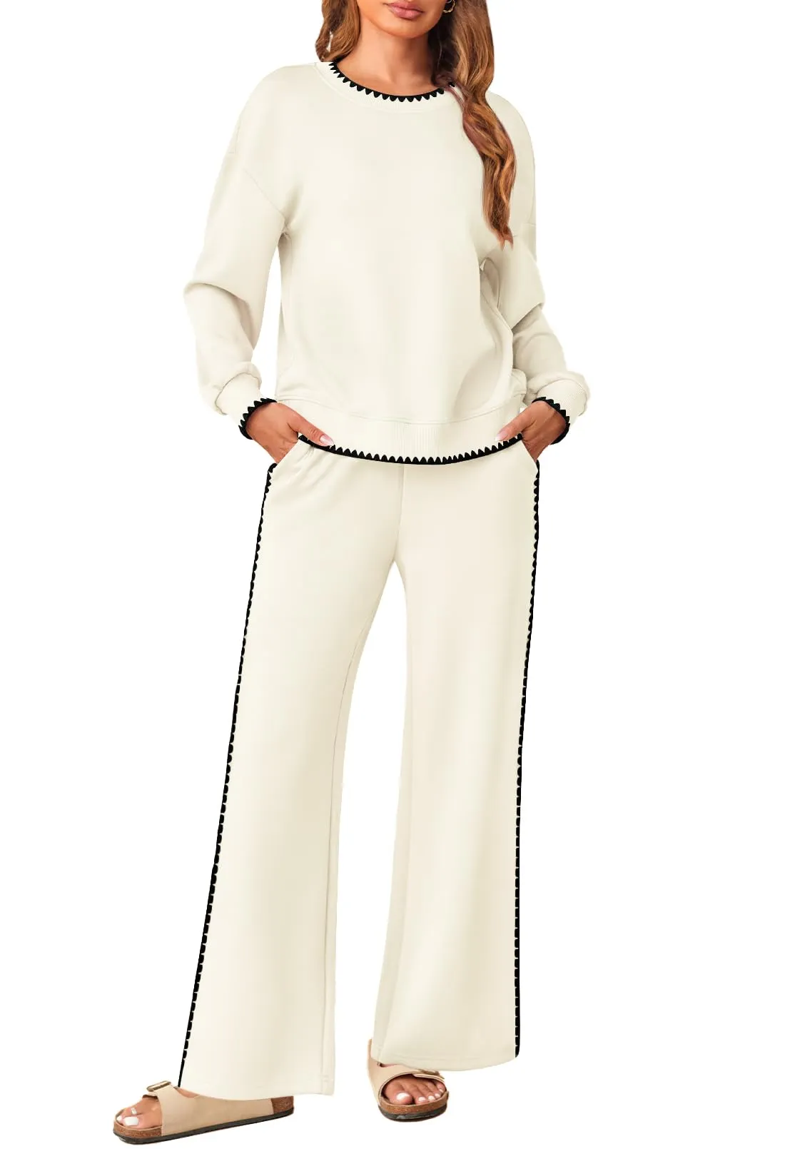 MEROKEETY Women's 2 Piece Sweatsuit Set Crewneck Sweatshirt Wid Leg Sweatpants