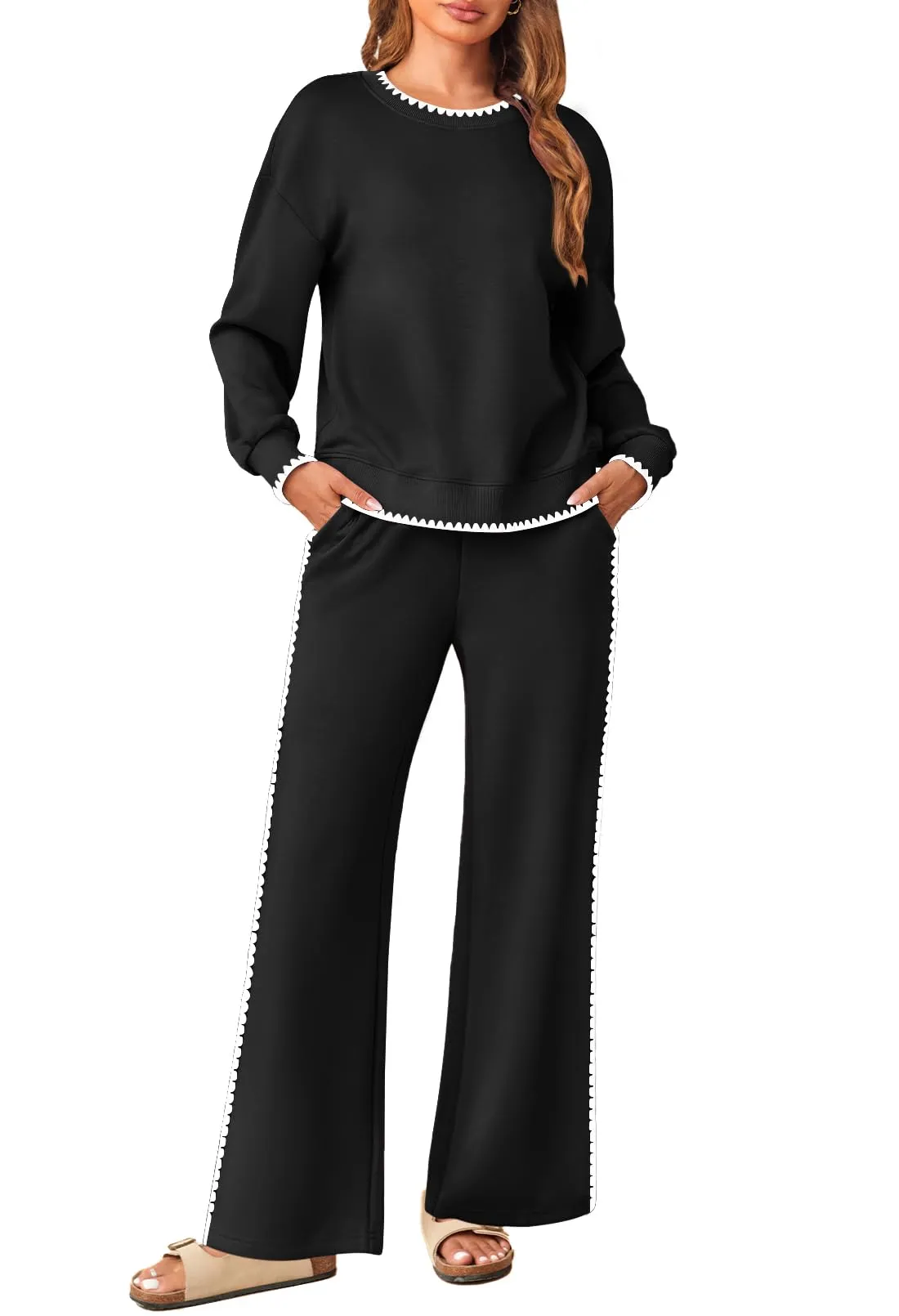 MEROKEETY Women's 2 Piece Sweatsuit Set Crewneck Sweatshirt Wid Leg Sweatpants
