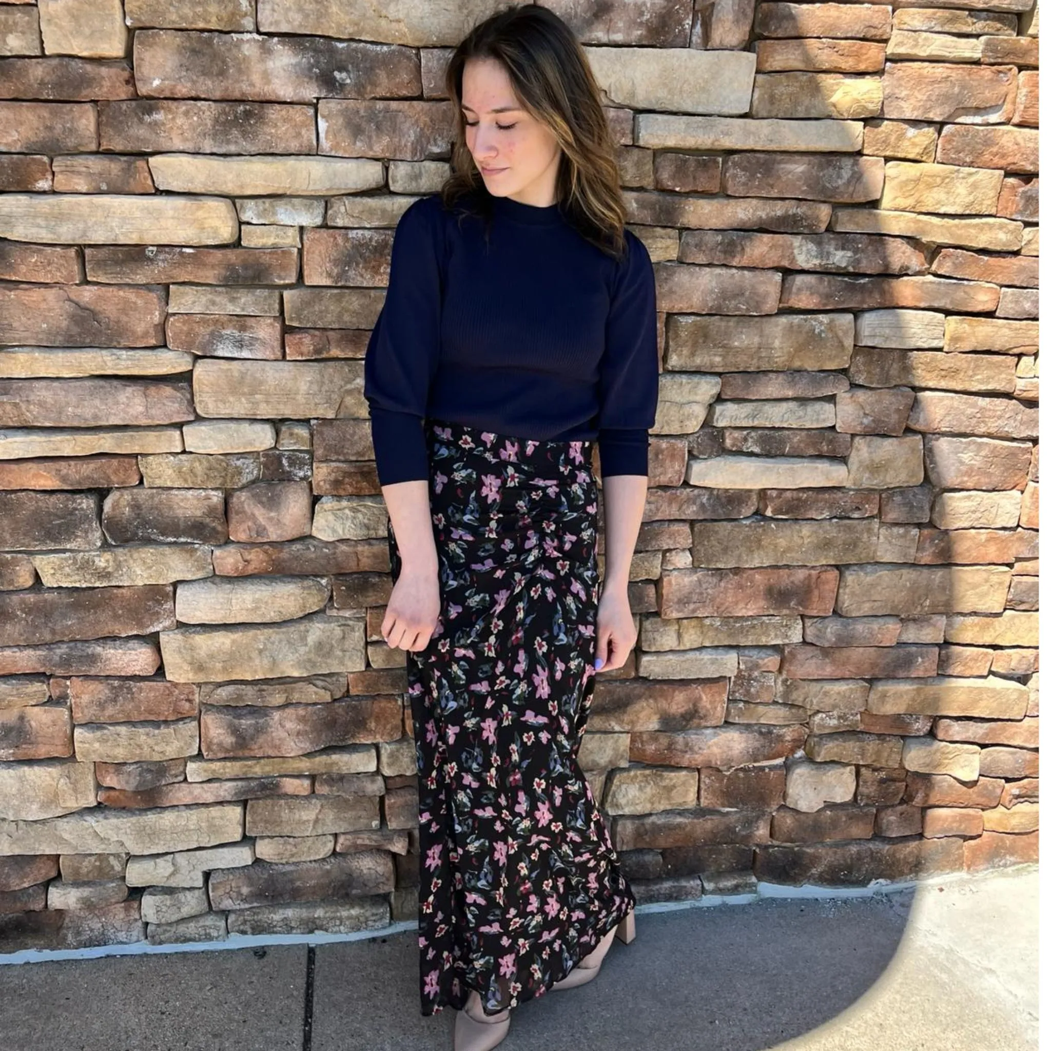 Navy Ribbed Puff Sleeve Top