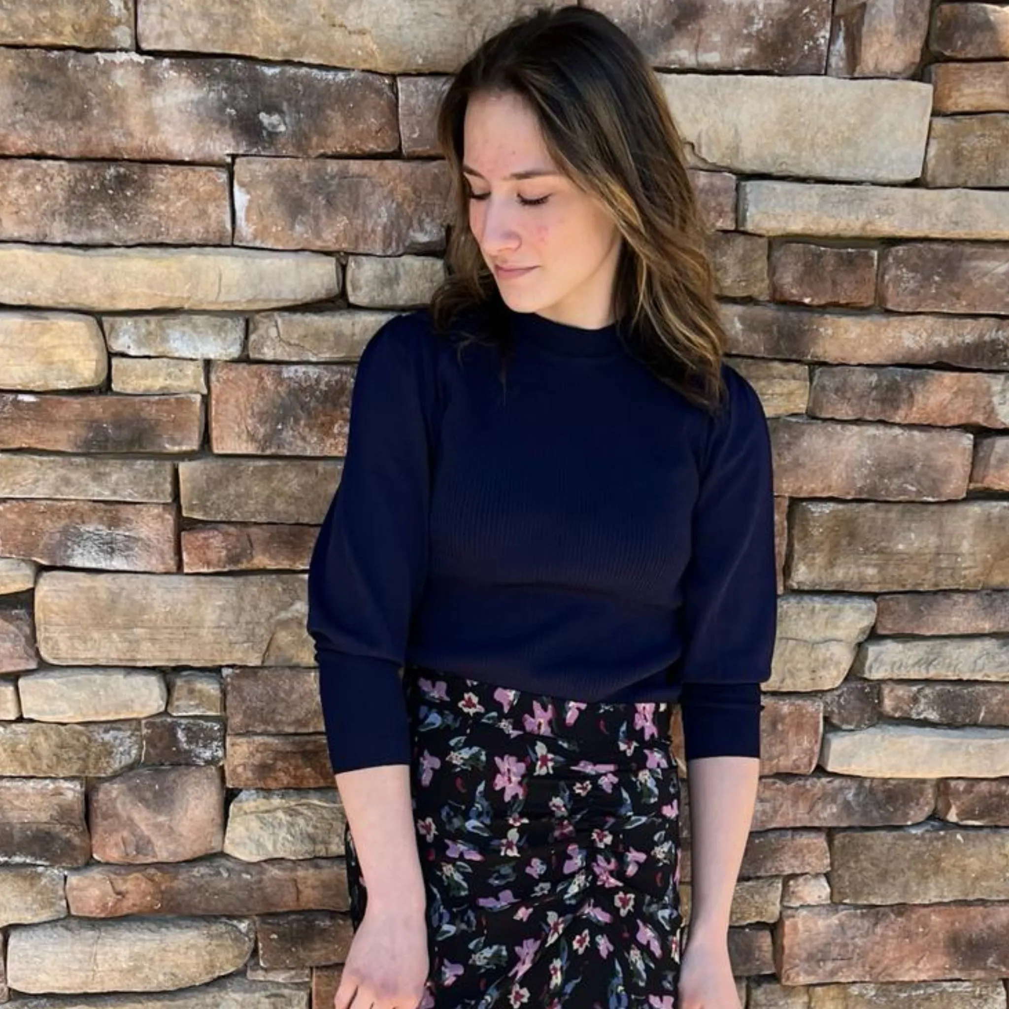Navy Ribbed Puff Sleeve Top