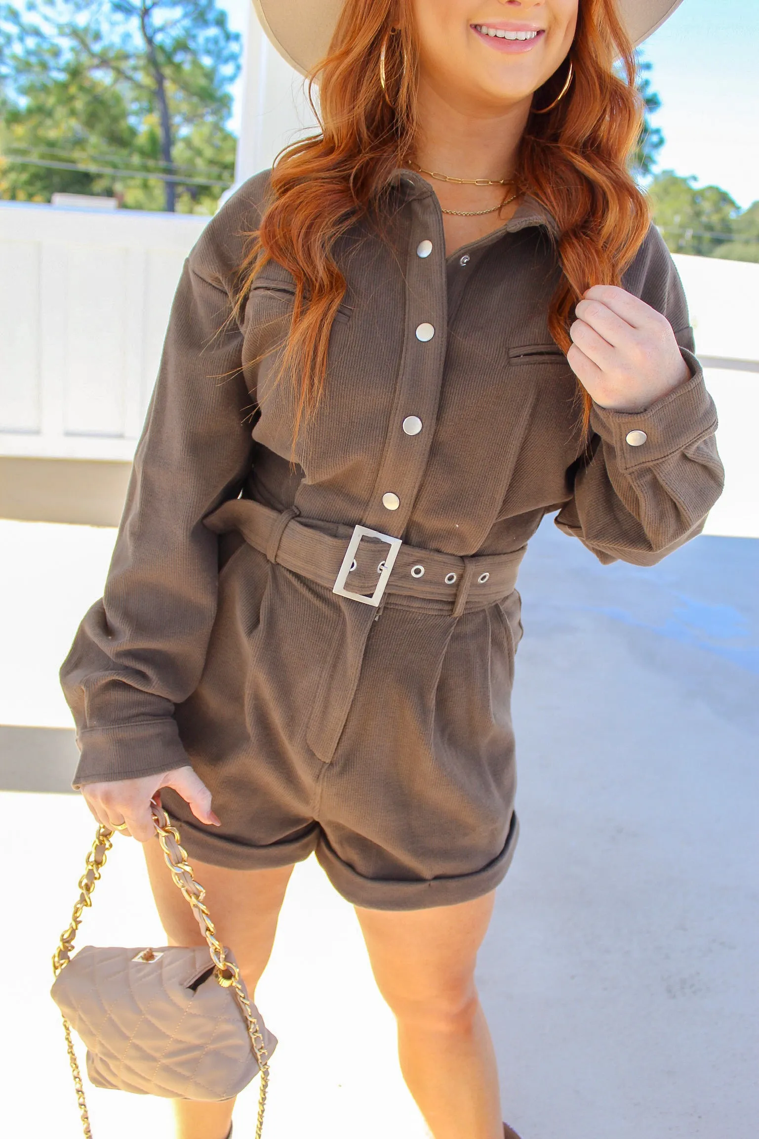 Nikia Belt Detail Knit Romper- Dark Olive