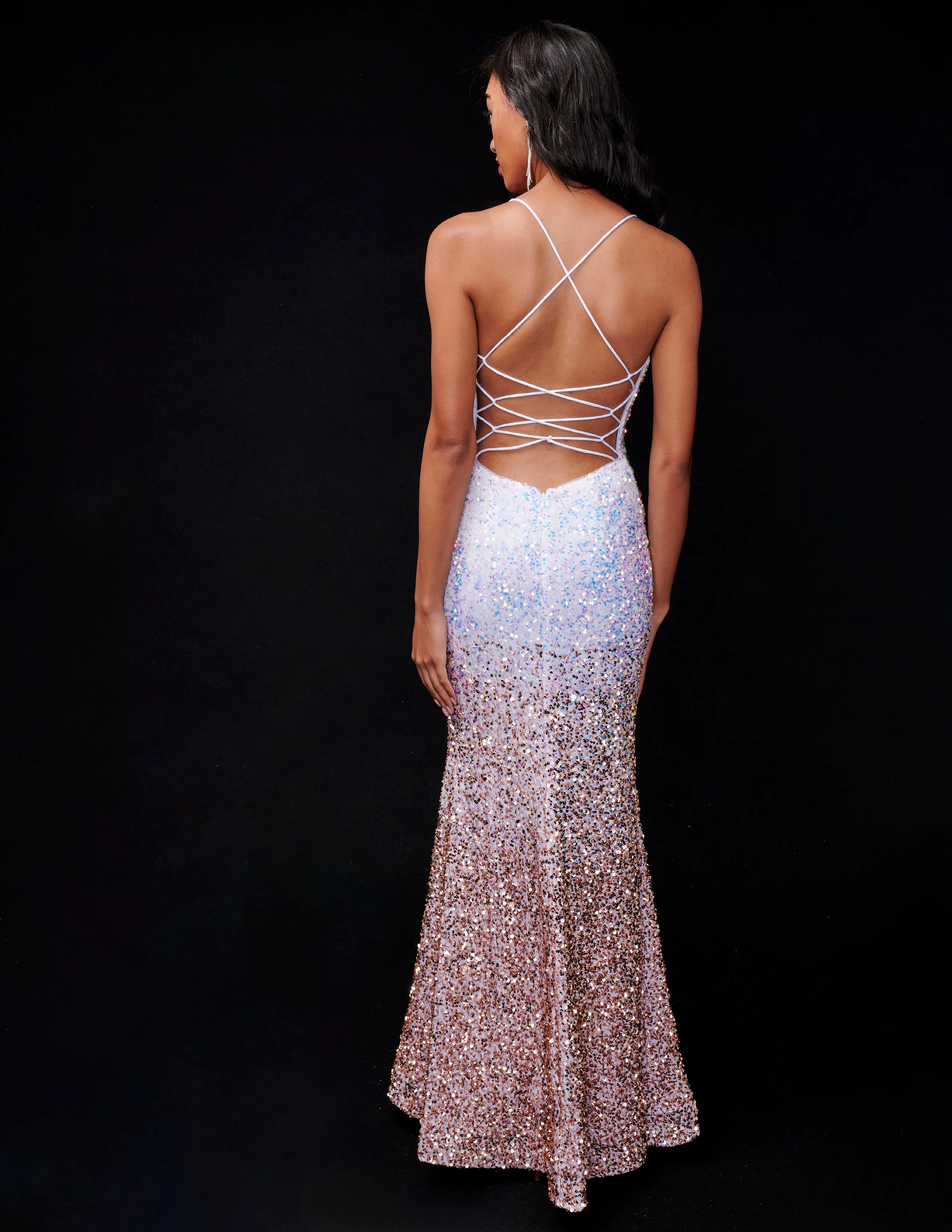 Nina Canacci 1554 Velvet Sequin Ombre Fitted Prom Dress Slit Backless Corset Formal Gown