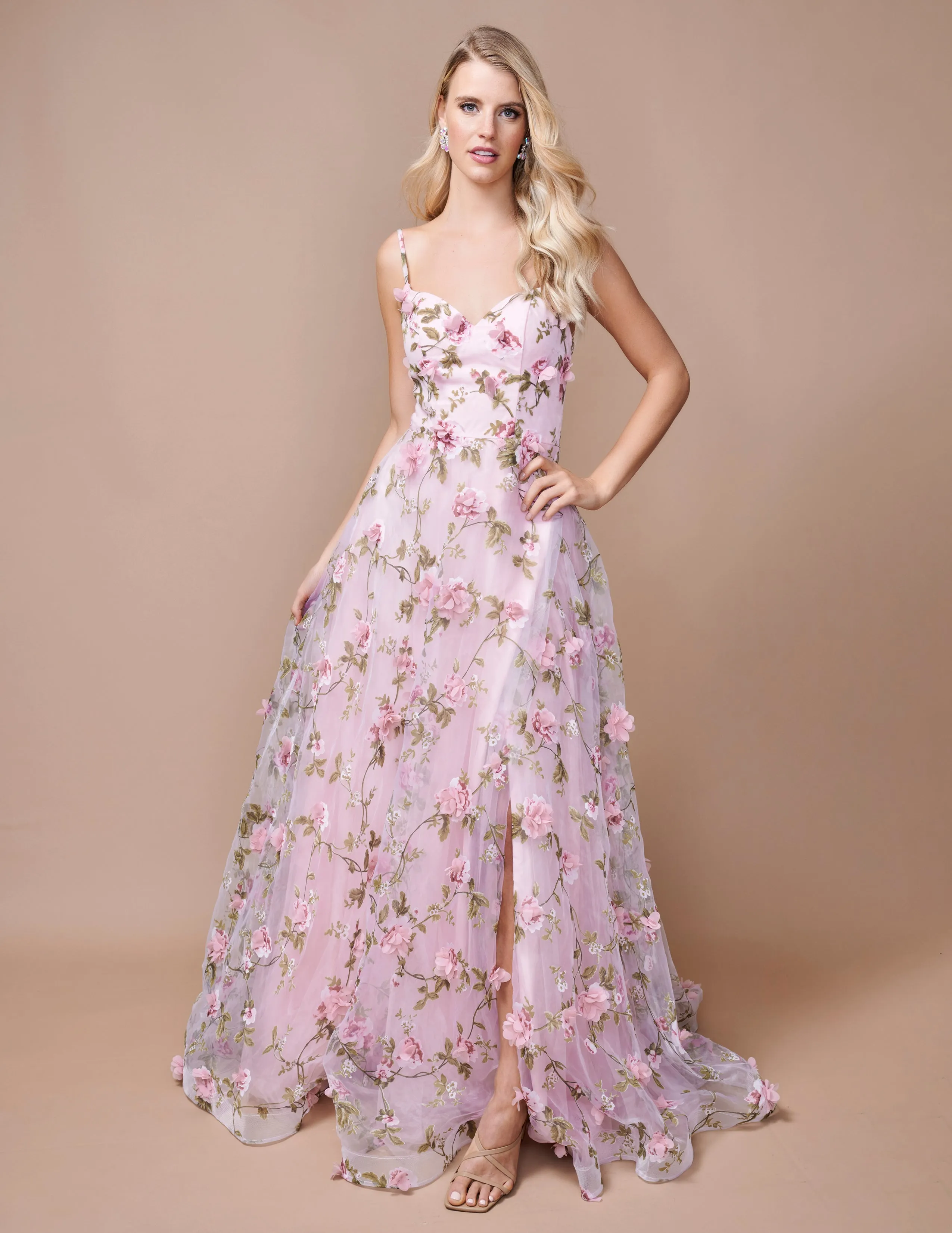 Nina Canacci 9150 A Line Floral Maxi Slit Prom Dress 3D Formal Gown Print V Neck Evening
