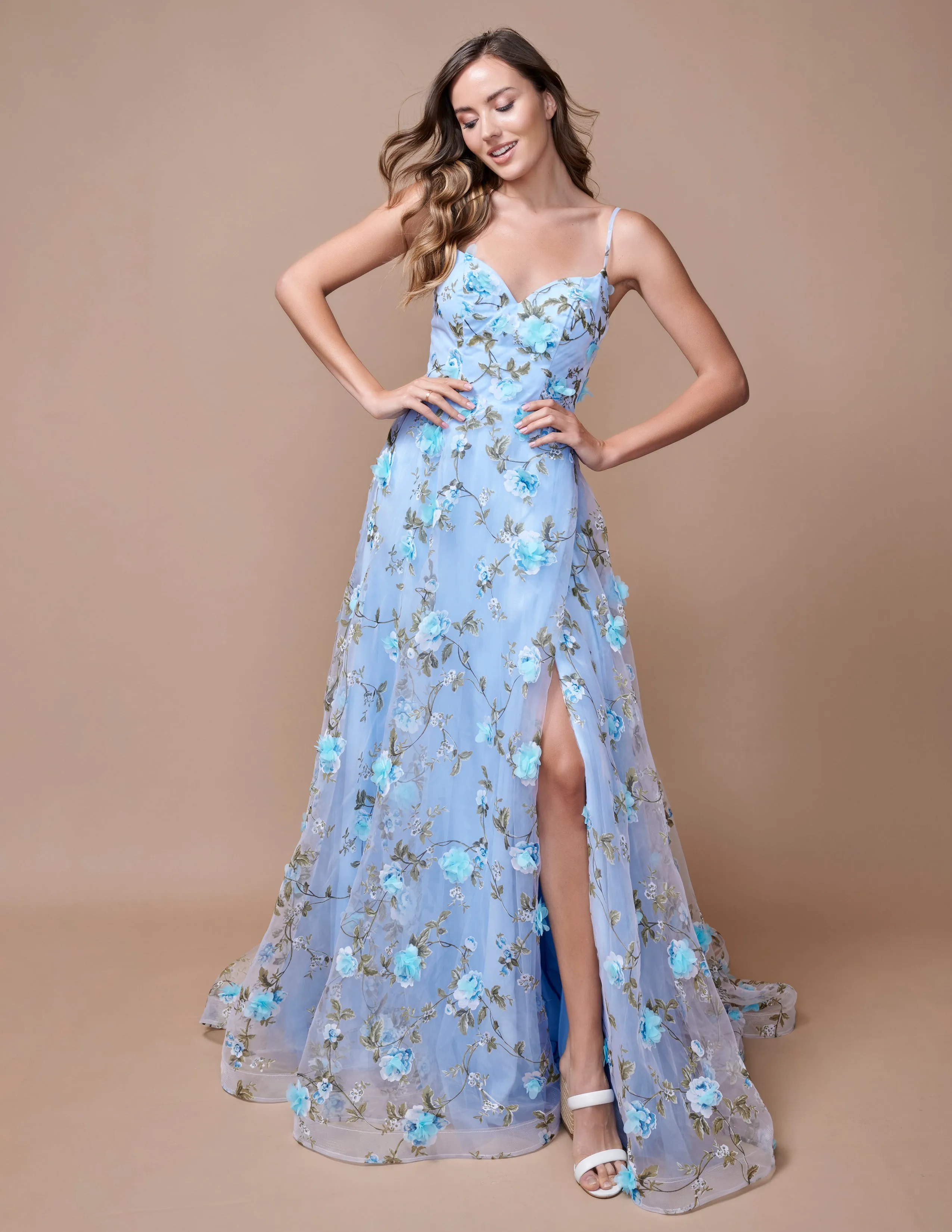 Nina Canacci 9150 A Line Floral Maxi Slit Prom Dress 3D Formal Gown Print V Neck Evening