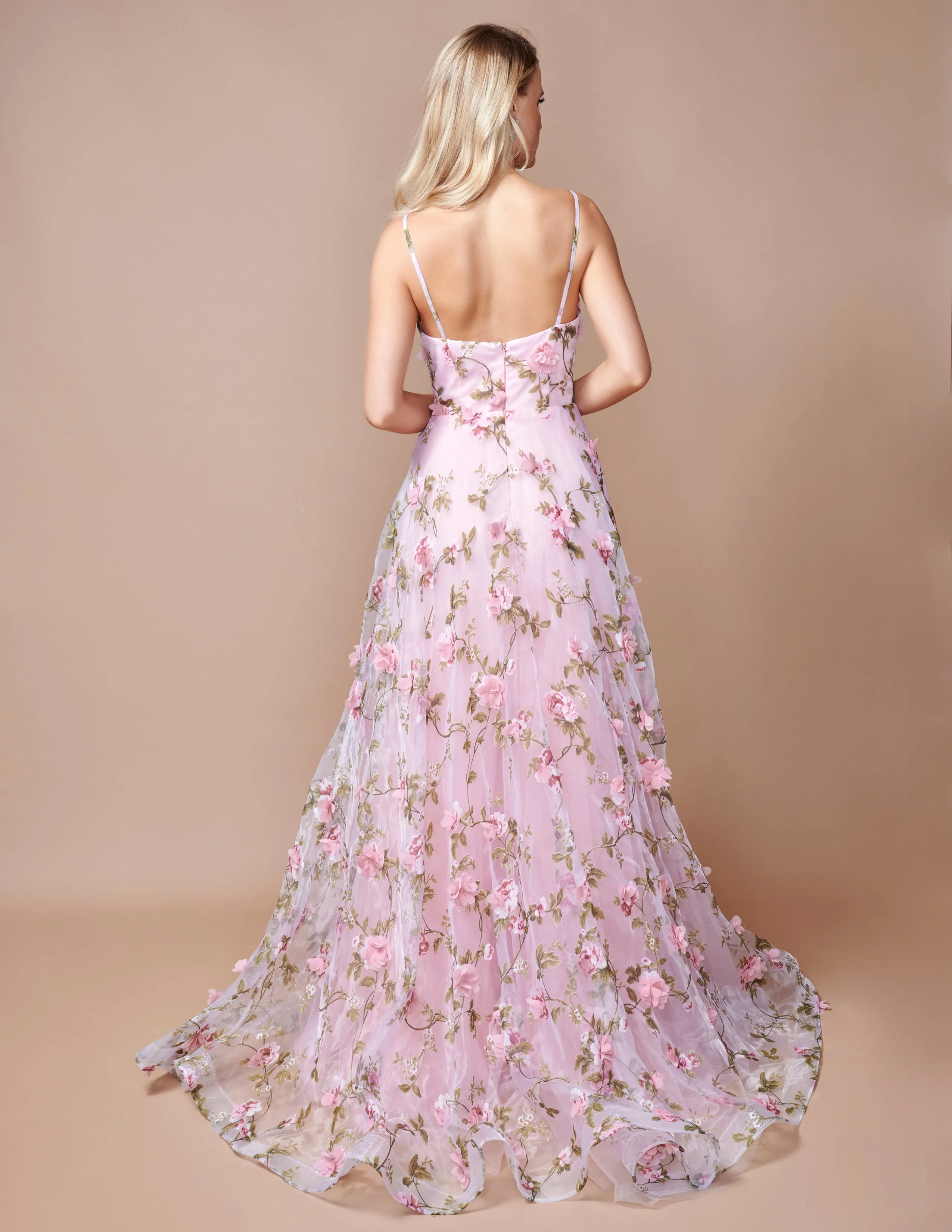 Nina Canacci 9150 A Line Floral Maxi Slit Prom Dress 3D Formal Gown Print V Neck Evening