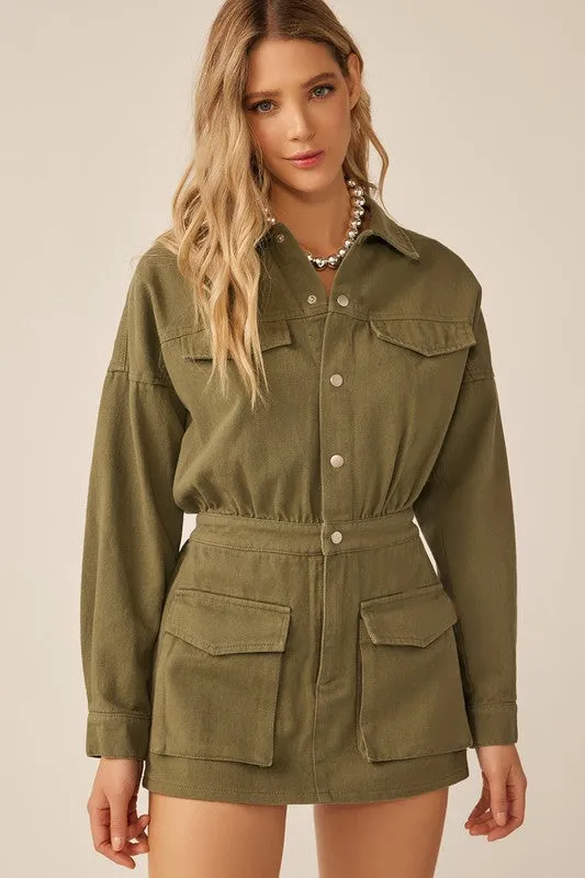 Olive Elastic Waist Button Down Pocketed Collared Romper