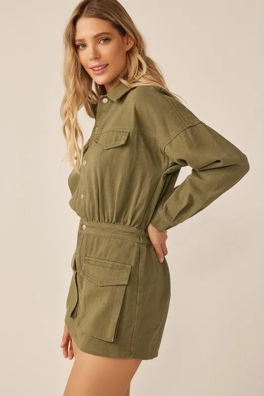 Olive Elastic Waist Button Down Pocketed Collared Romper