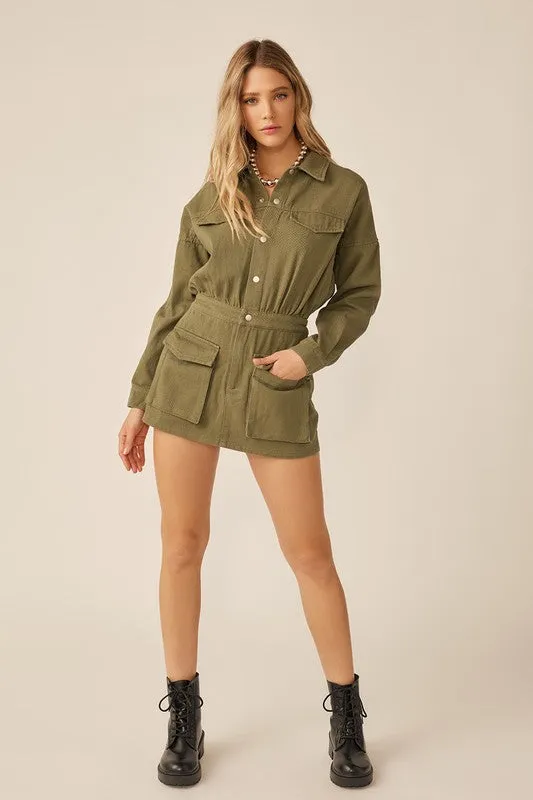 Olive Elastic Waist Button Down Pocketed Collared Romper