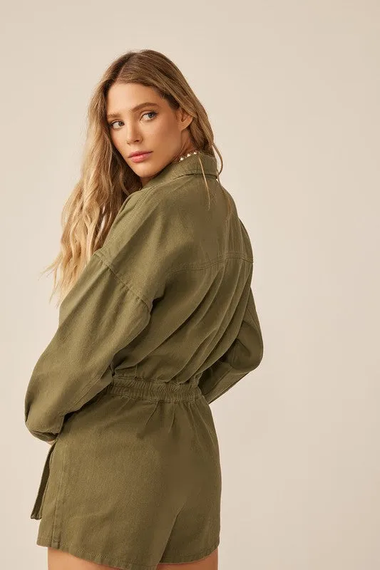 Olive Elastic Waist Button Down Pocketed Collared Romper