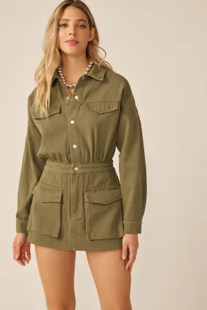 Olive Elastic Waist Button Down Pocketed Collared Romper