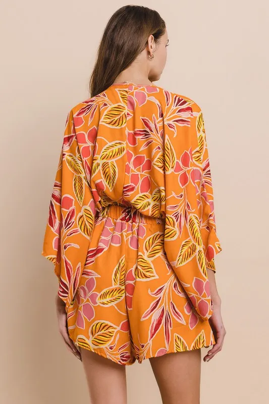 Orange Batwing Sleeved Boho Paisley Print Romper