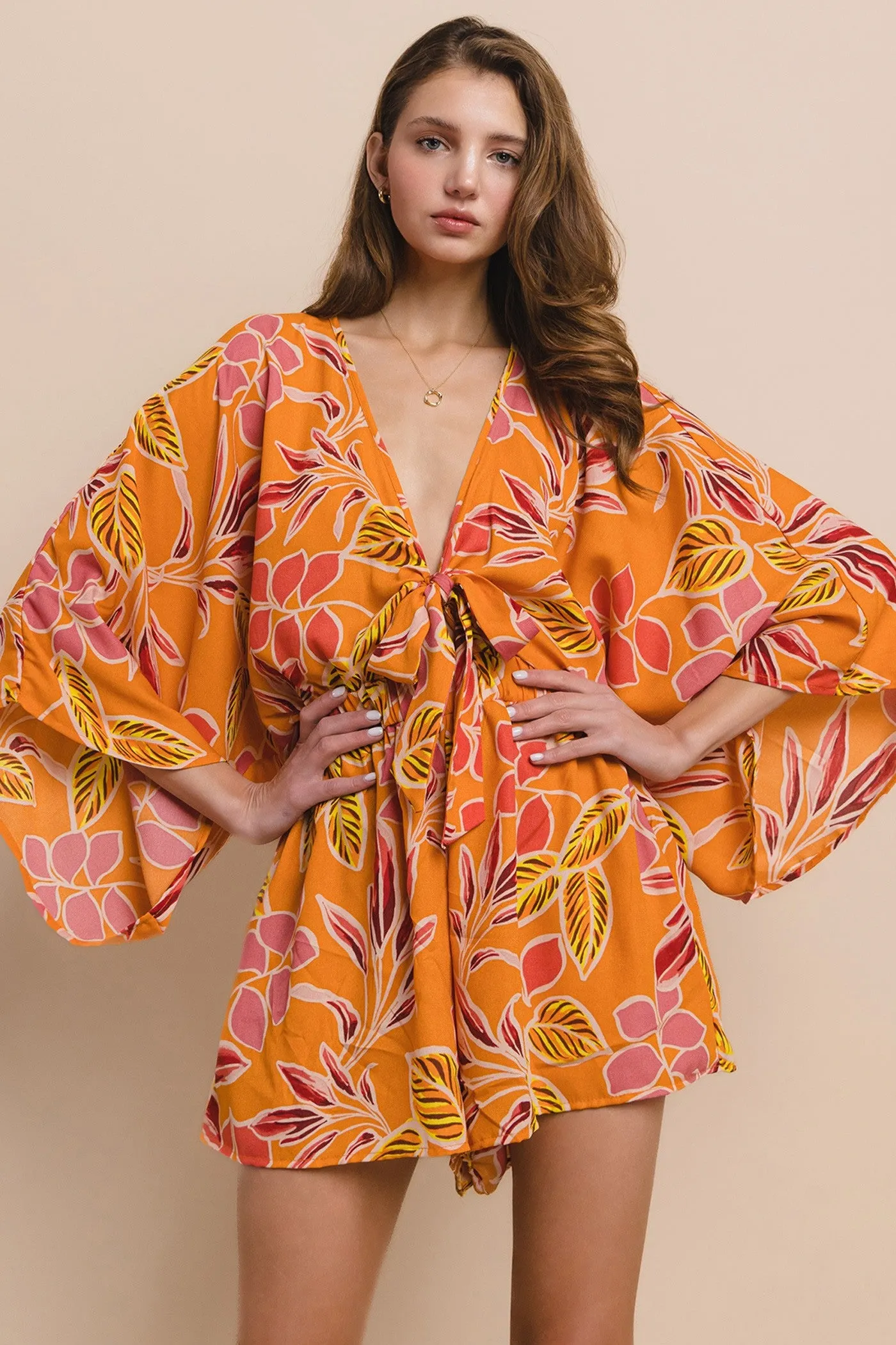 Orange Batwing Sleeved Boho Paisley Print Romper