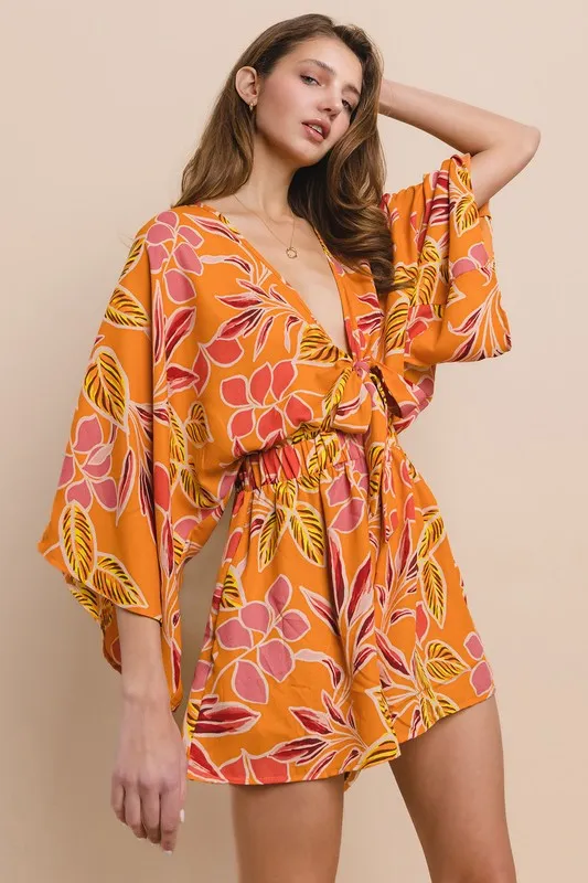Orange Batwing Sleeved Boho Paisley Print Romper