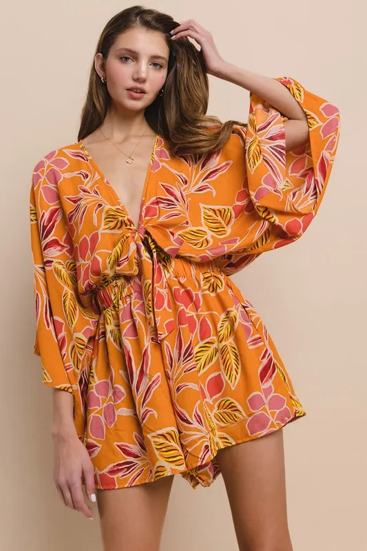 Orange Batwing Sleeved Boho Paisley Print Romper