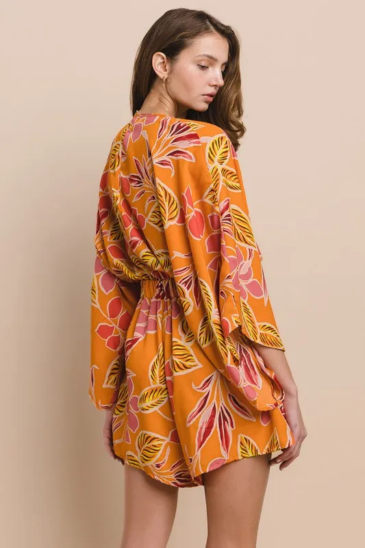 Orange Batwing Sleeved Boho Paisley Print Romper
