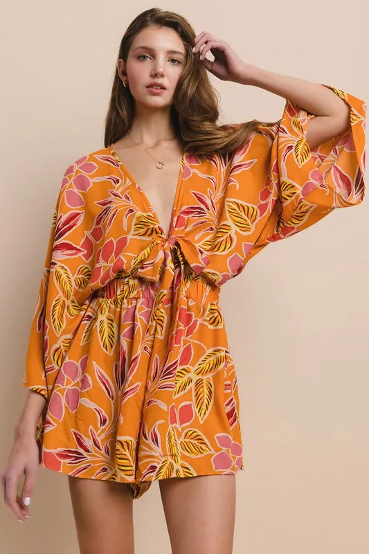Orange Batwing Sleeved Boho Paisley Print Romper