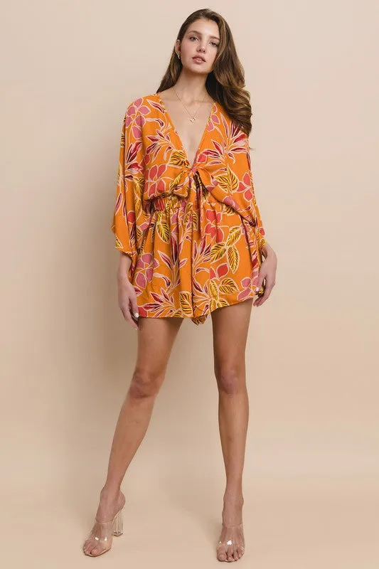 Orange Batwing Sleeved Boho Paisley Print Romper
