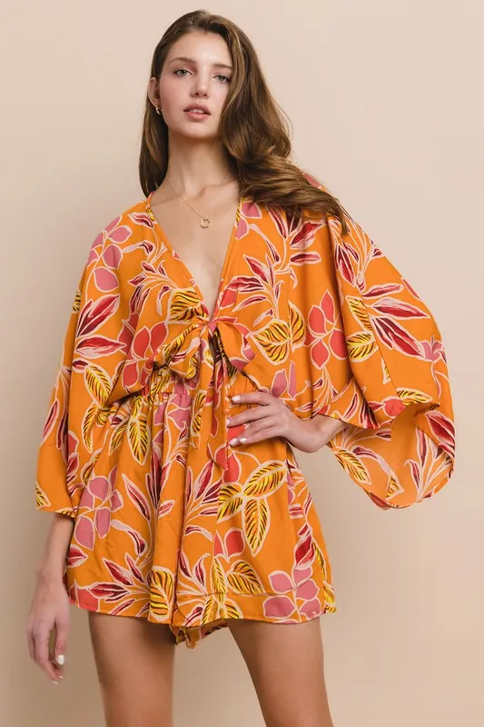 Orange Batwing Sleeved Boho Paisley Print Romper