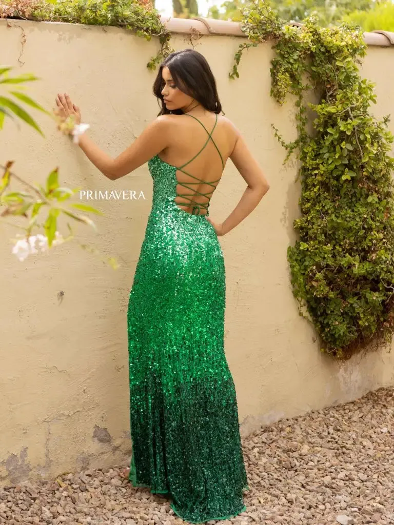 primavera Couture 3916 Long Fitted Sequin Ombre Prom Dress Backless Corset Slit Formal Gown