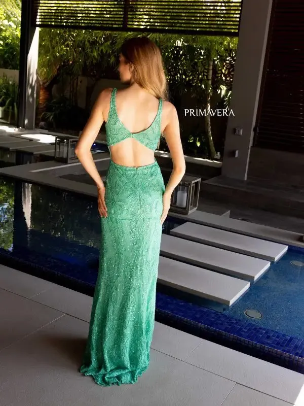 Primavera Couture 4155 Long Prom Dress V Neck Cut Out Back Fitted High Slit Sequin Formal Pageant Gown