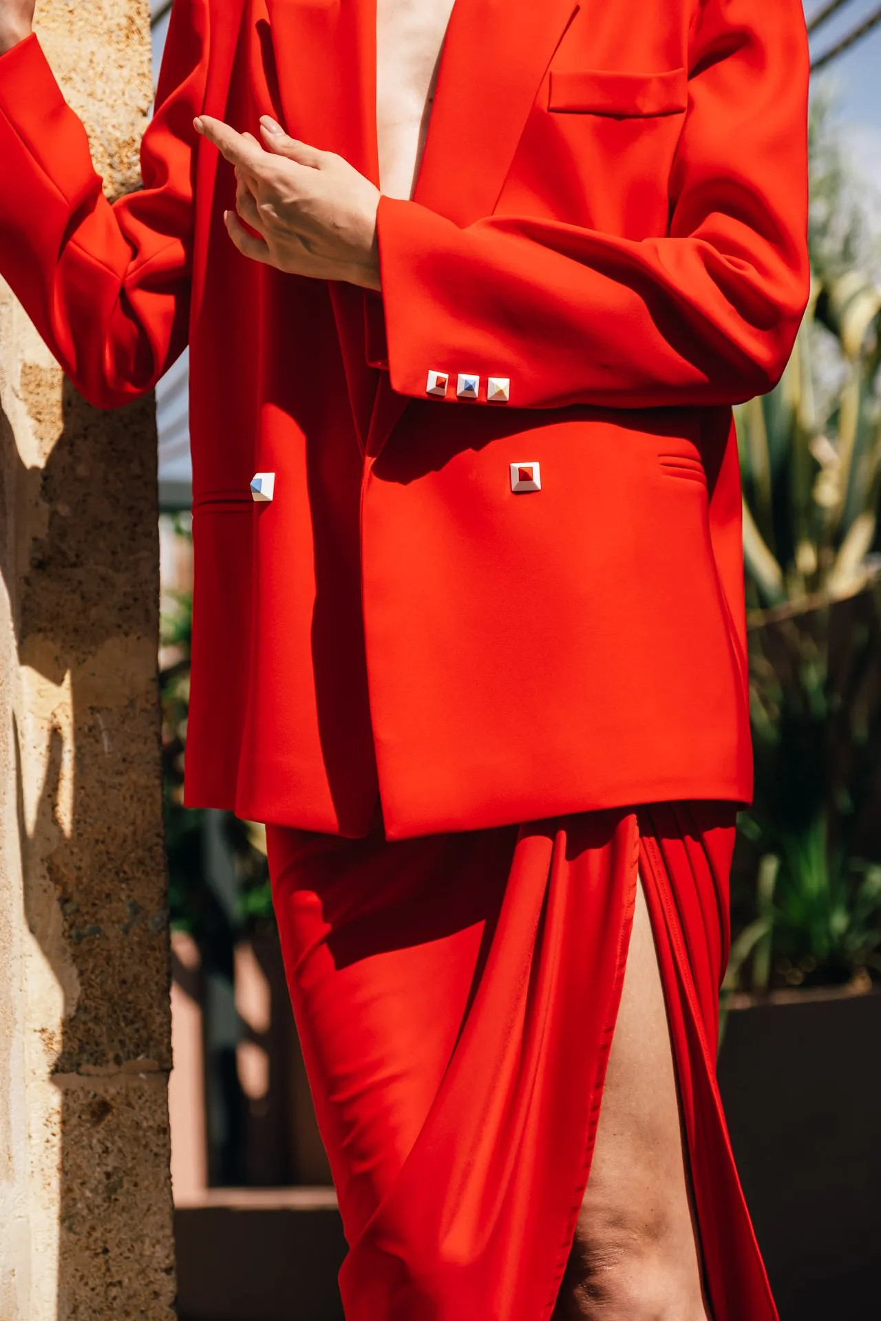 RED OVERSIZED BLAZER AND JERSEY SIDE SLIT SKIRT BLZ316-SKT031