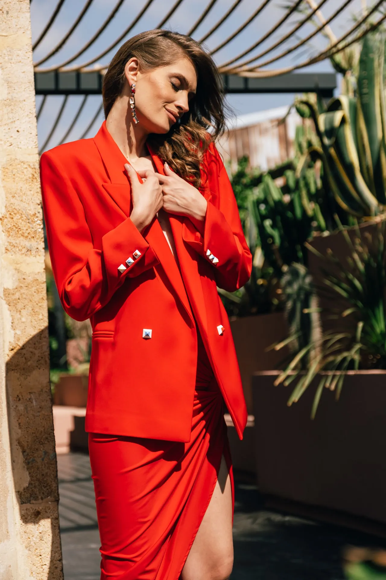 RED OVERSIZED BLAZER AND JERSEY SIDE SLIT SKIRT BLZ316-SKT031