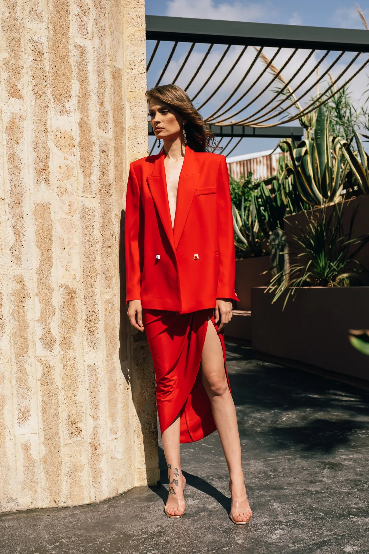 RED OVERSIZED BLAZER AND JERSEY SIDE SLIT SKIRT BLZ316-SKT031