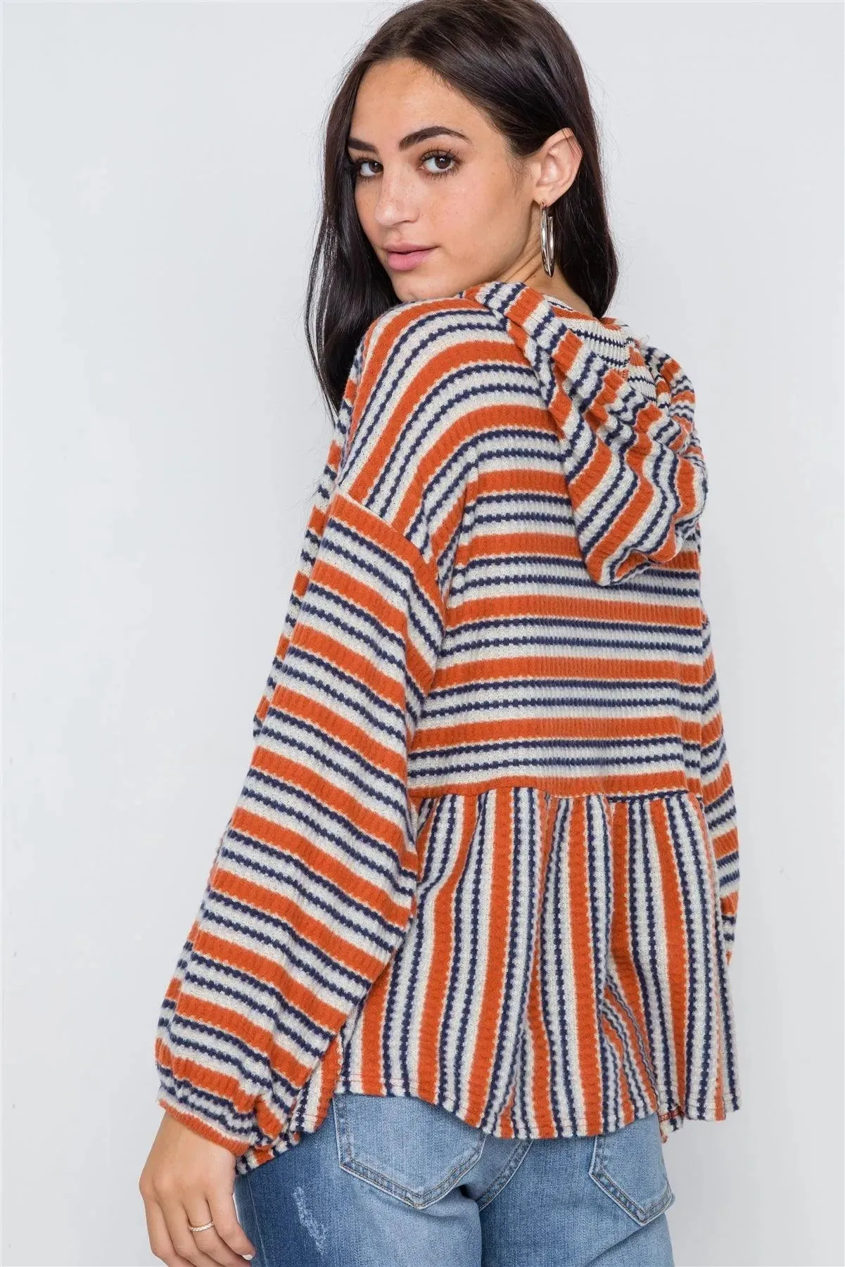 Rust Stripe Long Sleeve Hooded Soft Top /2-2-2