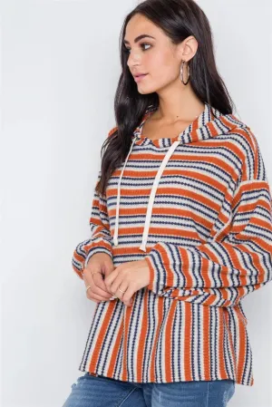 Rust Stripe Long Sleeve Hooded Soft Top /2-2-2