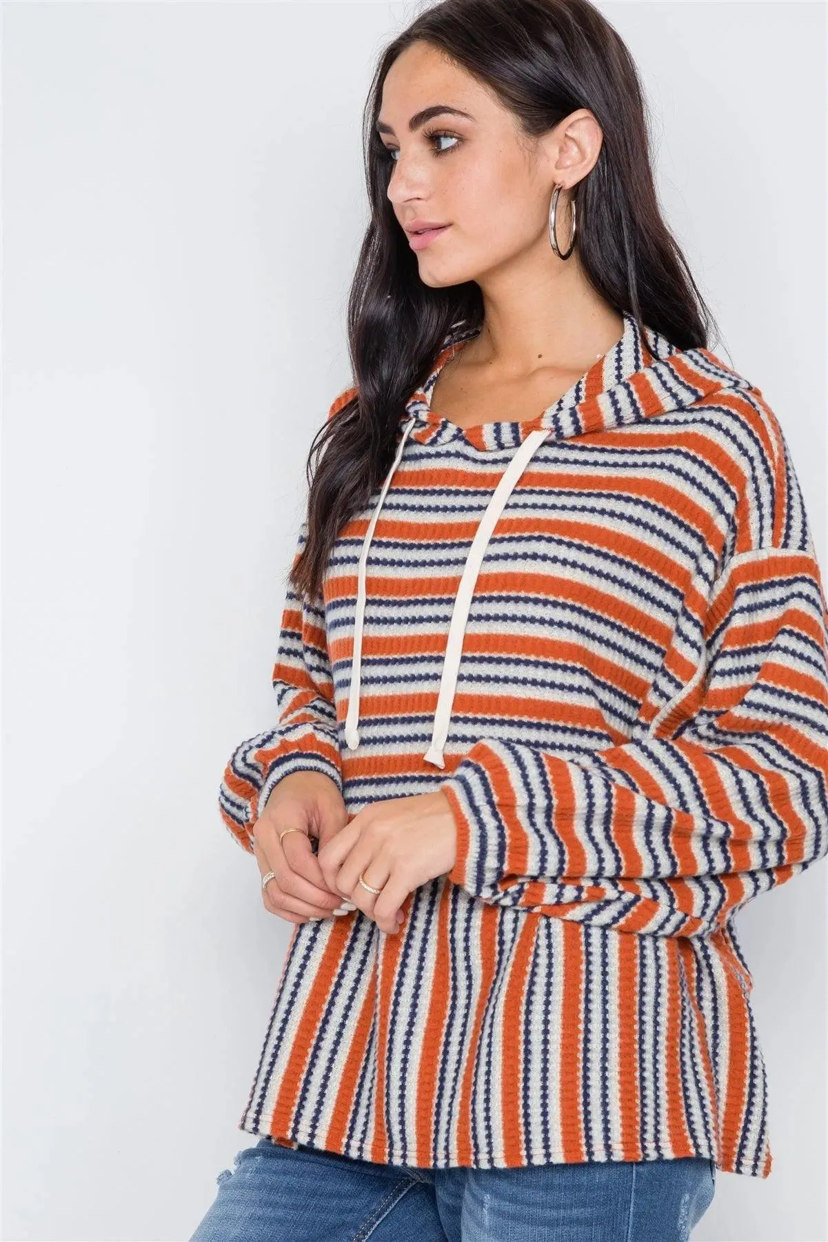 Rust Stripe Long Sleeve Hooded Soft Top /2-2-2