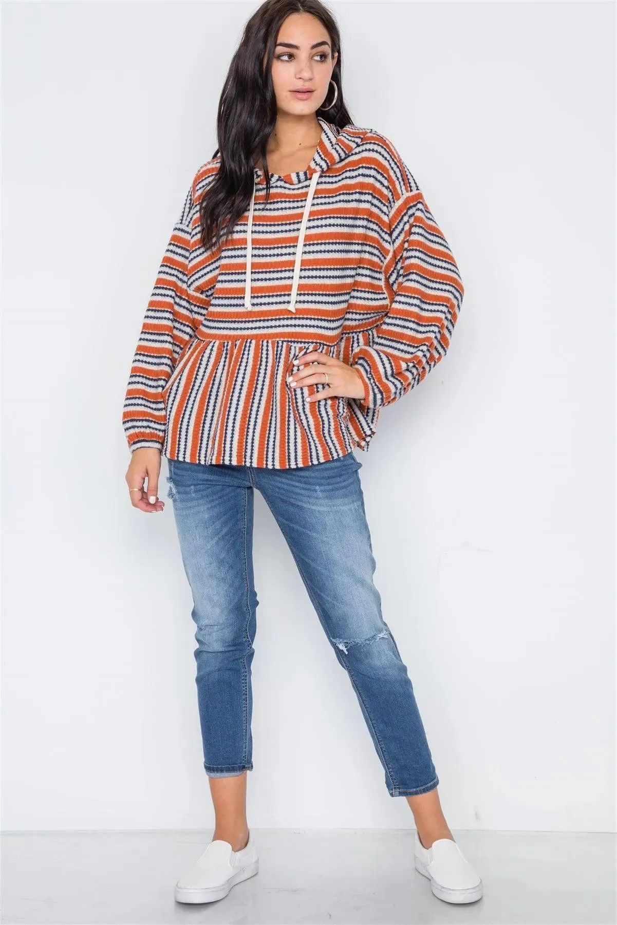 Rust Stripe Long Sleeve Hooded Soft Top /2-2-2