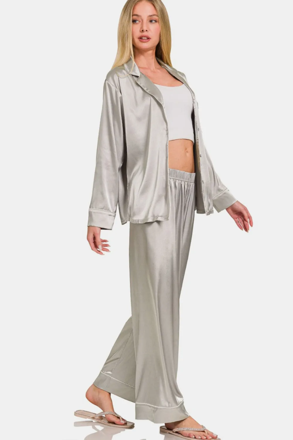 Satin Long Sleeve Shirt and Pants Pajama Set - Silver