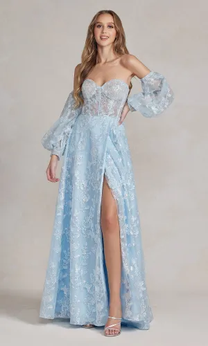 Strapless Long Lace Prom Dress with Puff Sleeves