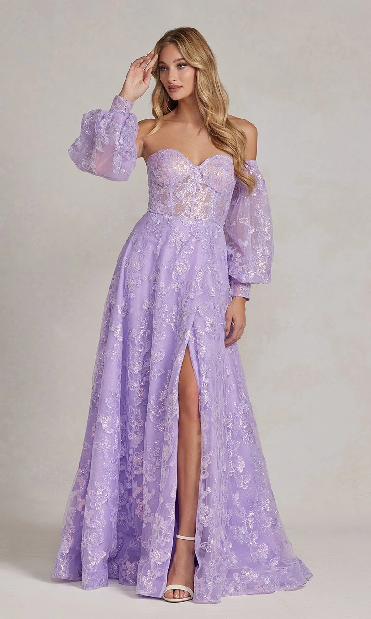 Strapless Long Lace Prom Dress with Puff Sleeves