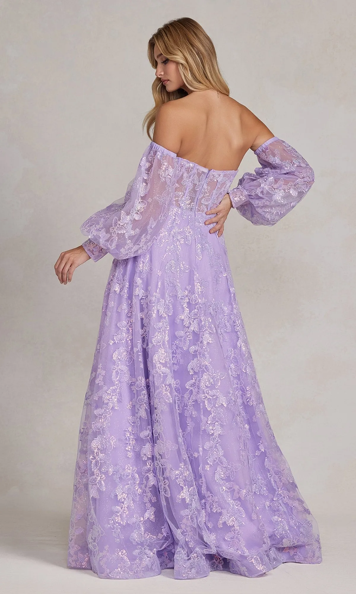 Strapless Long Lace Prom Dress with Puff Sleeves