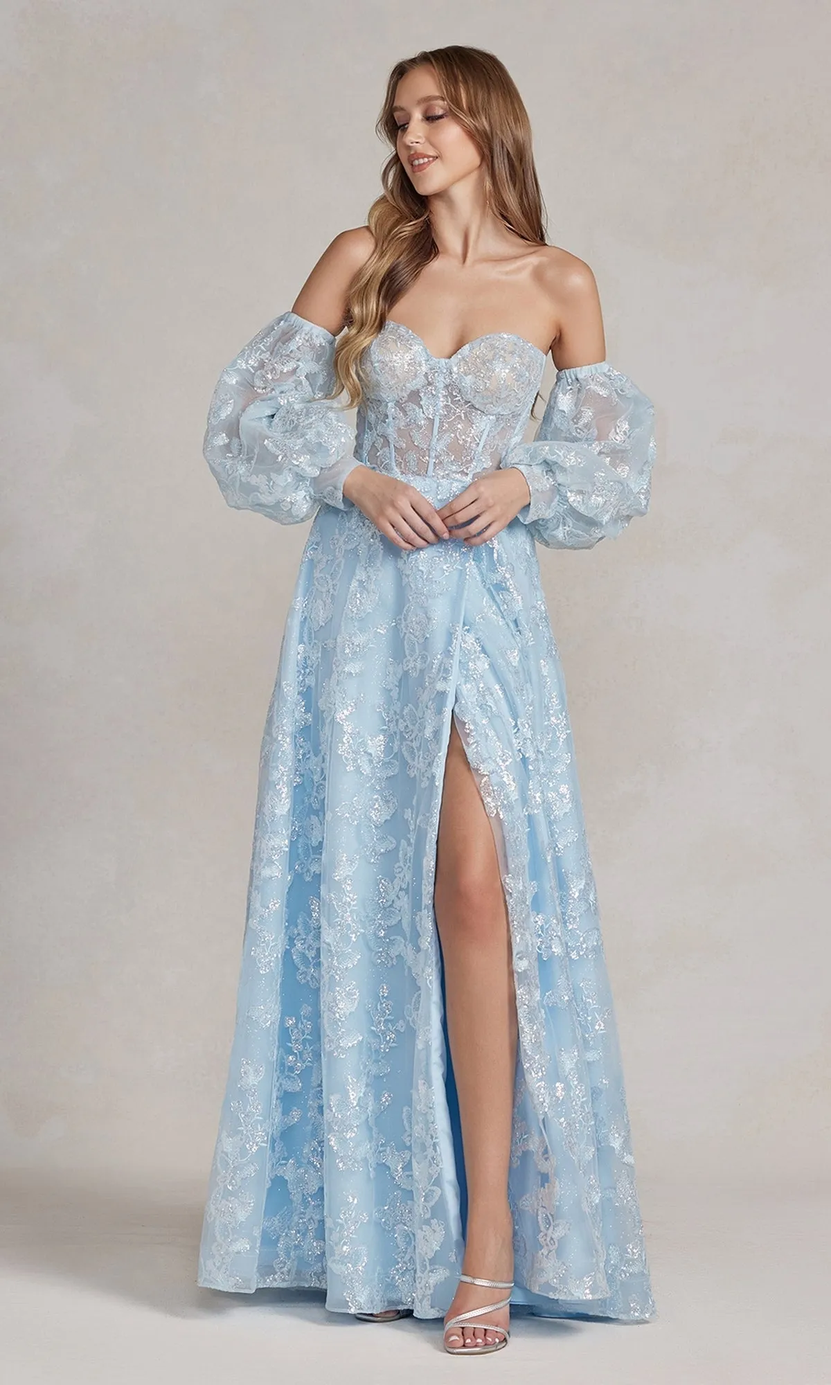 Strapless Long Lace Prom Dress with Puff Sleeves