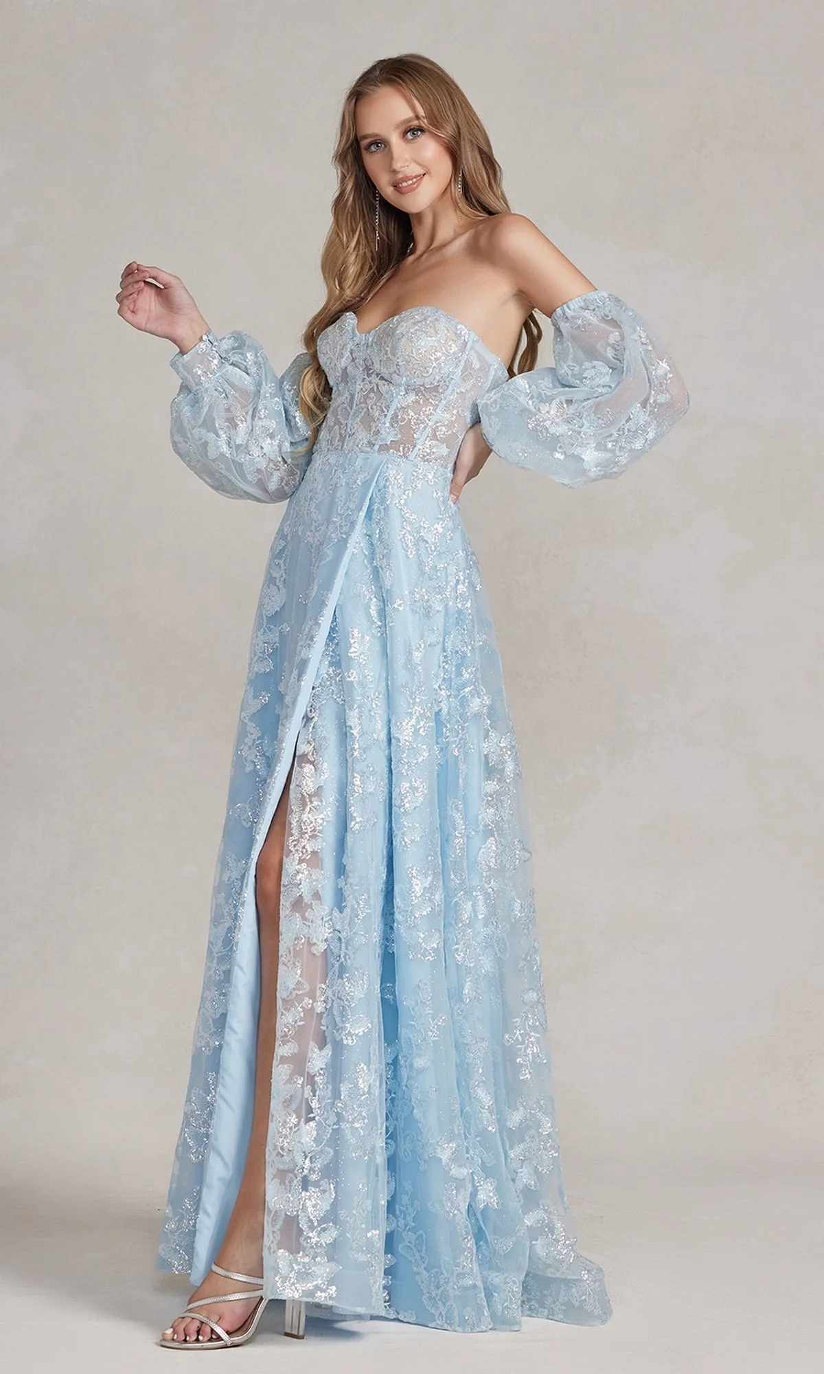 Strapless Long Lace Prom Dress with Puff Sleeves