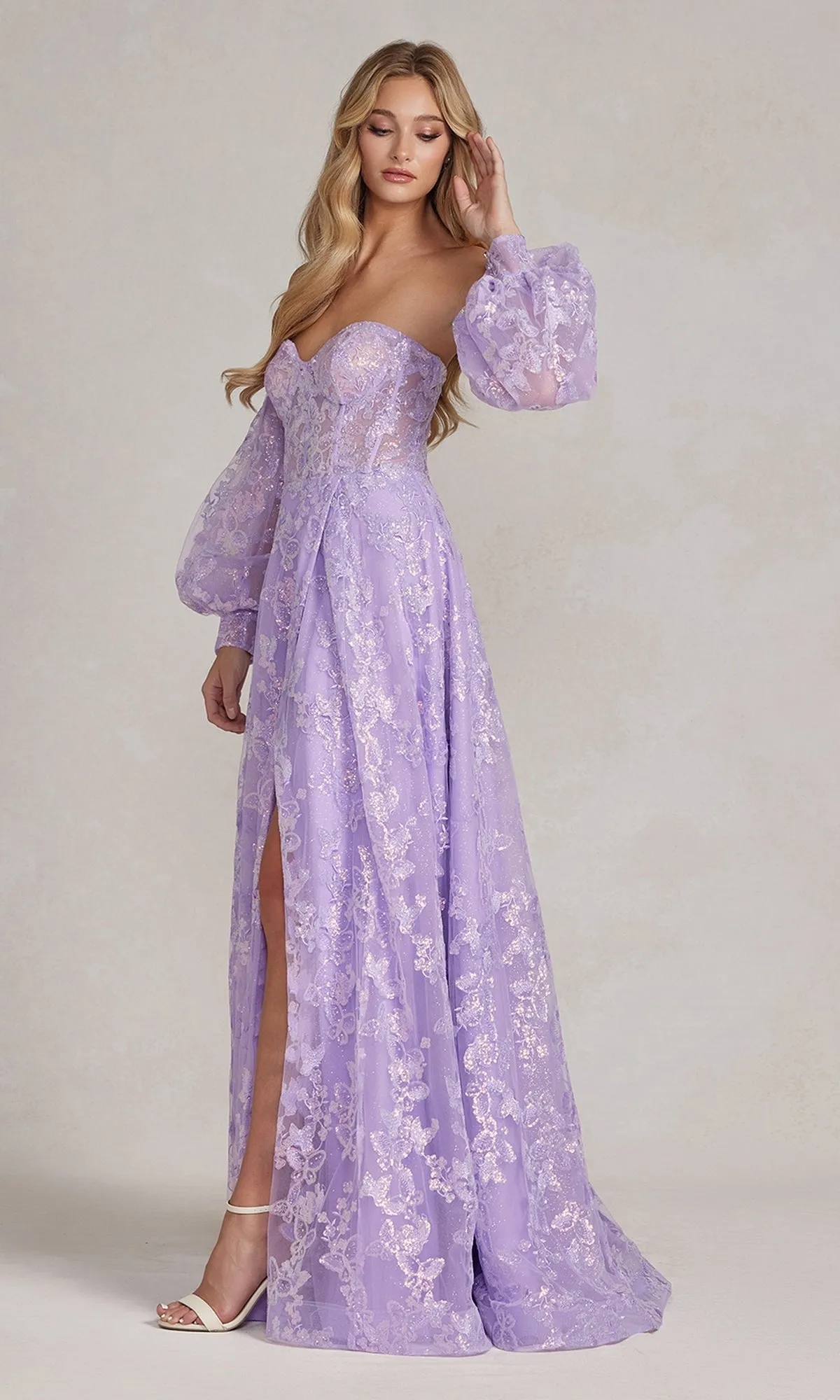 Strapless Long Lace Prom Dress with Puff Sleeves
