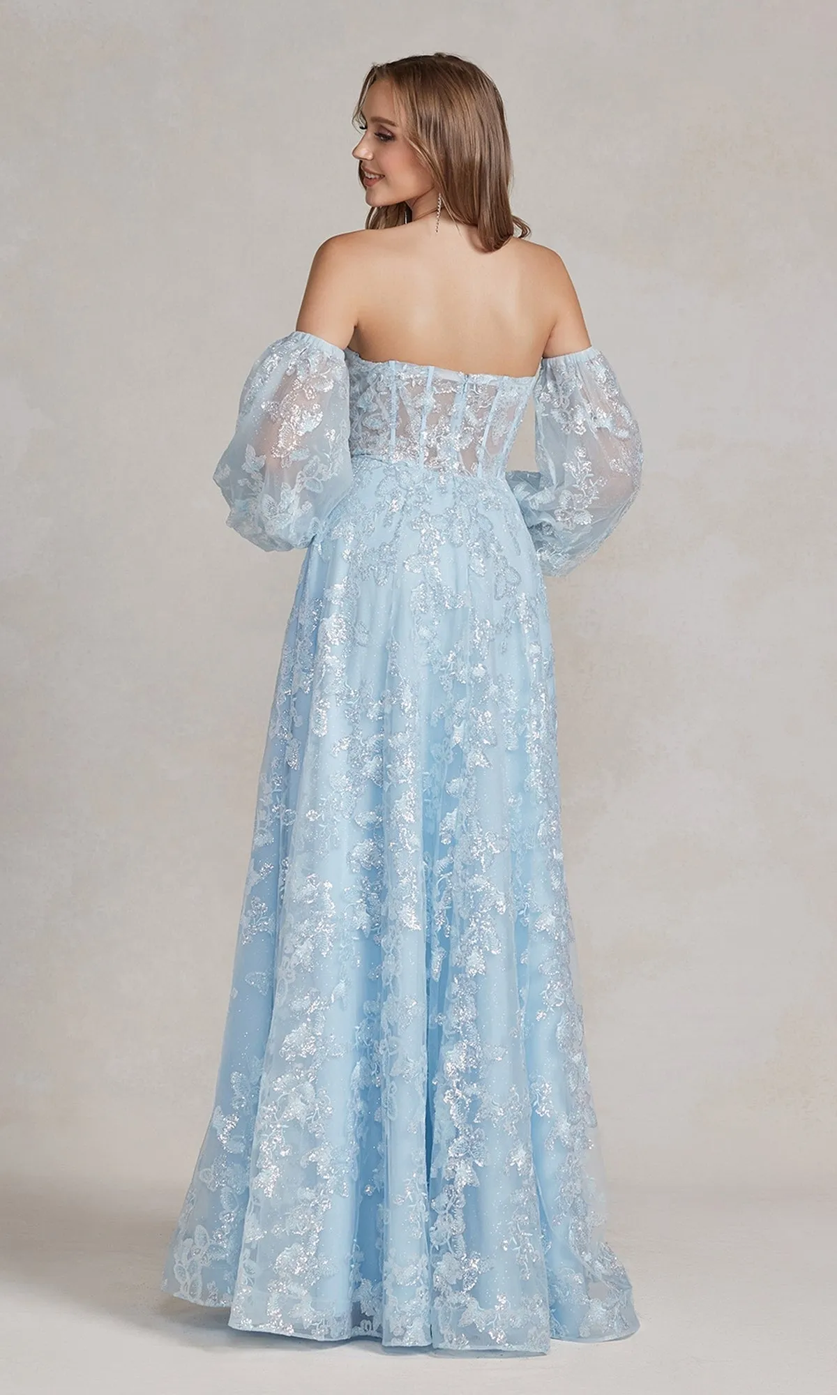 Strapless Long Lace Prom Dress with Puff Sleeves