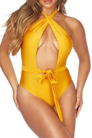Swimwear - One Piece Criscross Halter Neckline Waist Wrap