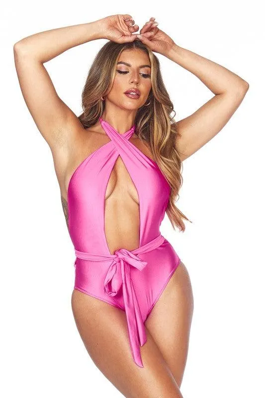 Swimwear - One Piece Criscross Halter Neckline Waist Wrap