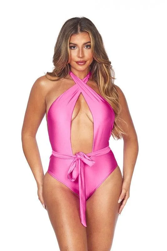 Swimwear - One Piece Criscross Halter Neckline Waist Wrap
