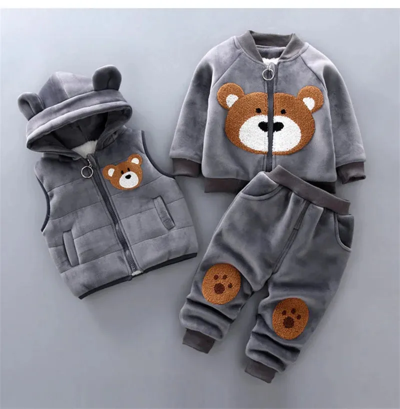 Thick Warm Fleece 3PCs Set - Hooded Sweater Cartoon Bear Pants & Vest