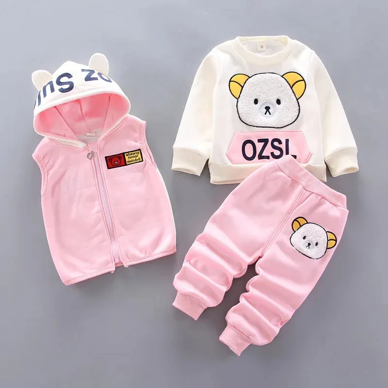 Thick Warm Fleece 3PCs Set - Hooded Sweater Cartoon Bear Pants & Vest